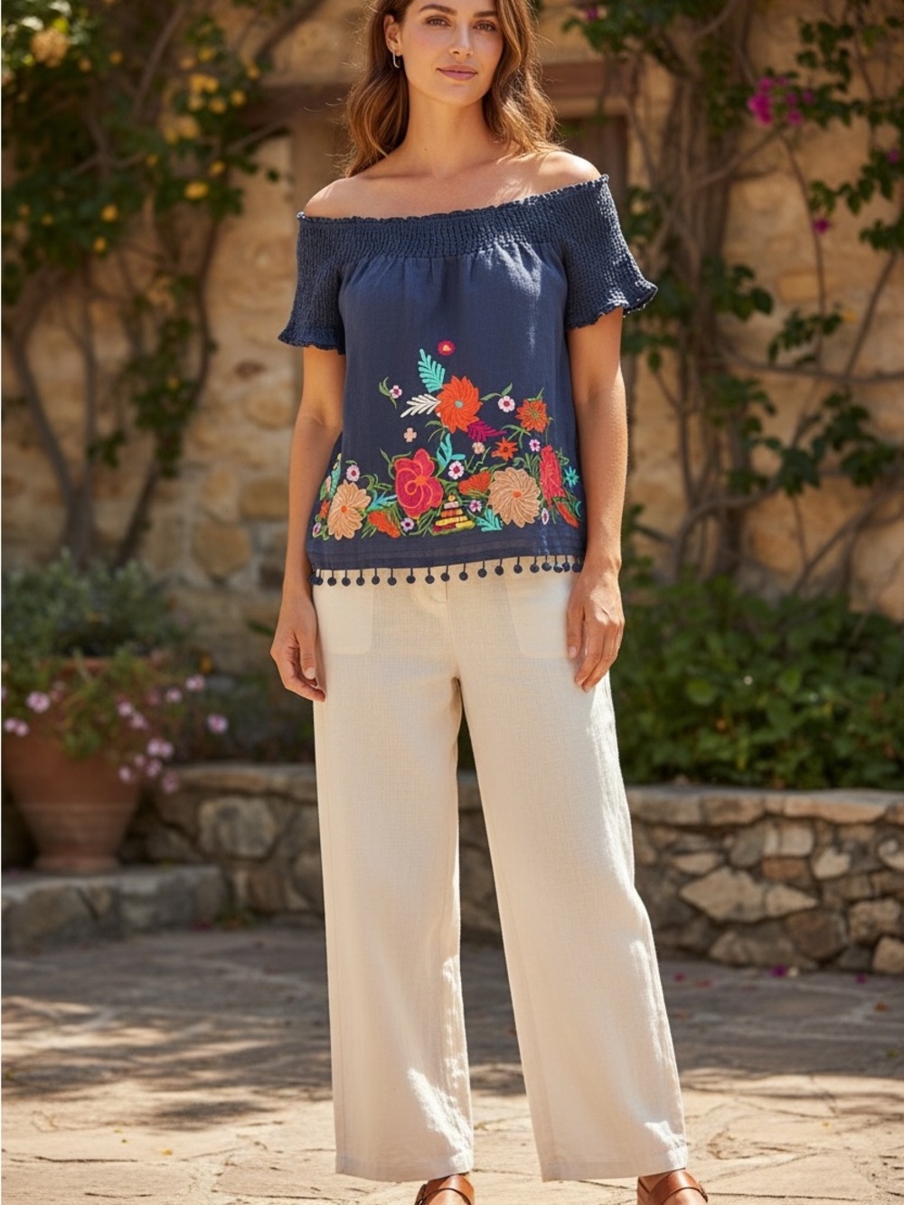 Anthropologie Linen Peasant Vanessa Virginia Boho Blouse Embroidered Size Small